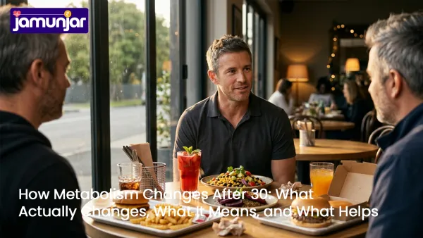 Man in his late 30s choosing a healthy meal with salad and juice while dining with friends eating burgers and soda in a warm café setting, representing lifestyle choices and metabolism after 30