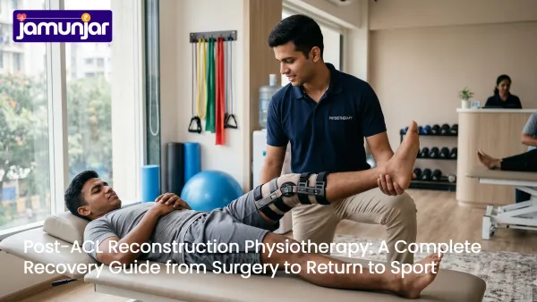 Physiotherapist guiding patient through knee rehabilitation exercise after ACL reconstruction surgery