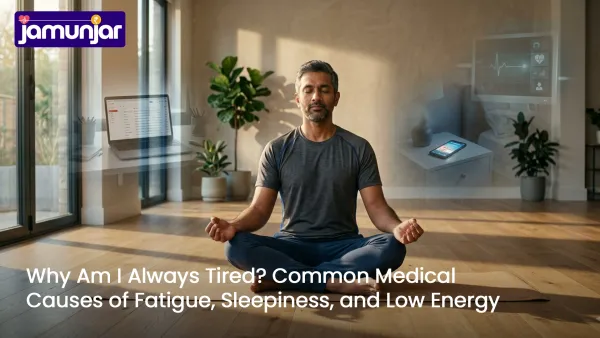 A man practicing yoga in a sunlit studio with faded overlays of stress and lifestyle factors, representing causes of fatigue and recovery.