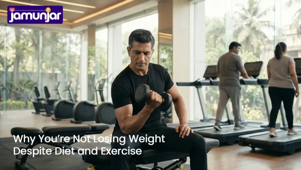 Muscular middle-aged man with grey-black hair performing dumbbell curls in a bright premium gym while younger overweight individuals walk on treadmills in the background, highlighting disciplined workout and weight management