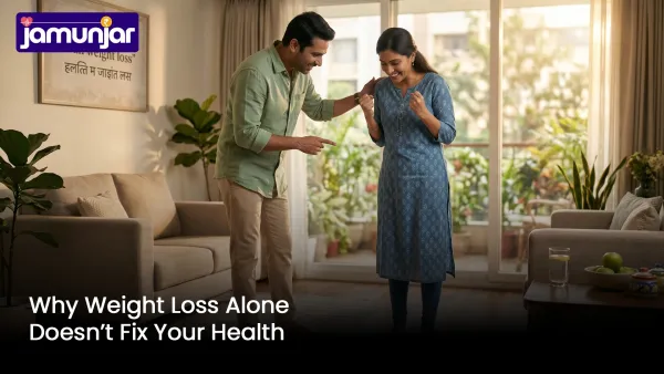 Woman celebrating weight loss while standing on a weighing scale at home as her partner encourages her