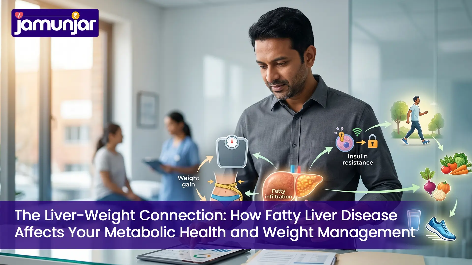 Medical illustration showing fatty liver disease, metabolism, and weight management with liver health visuals.