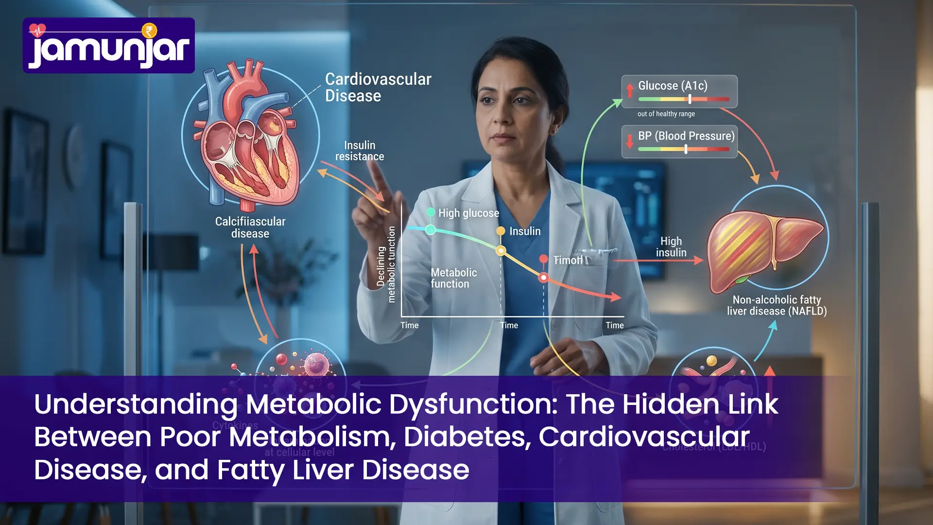 Medical illustration showing the link between metabolic dysfunction, diabetes, and fatty liver disease.
