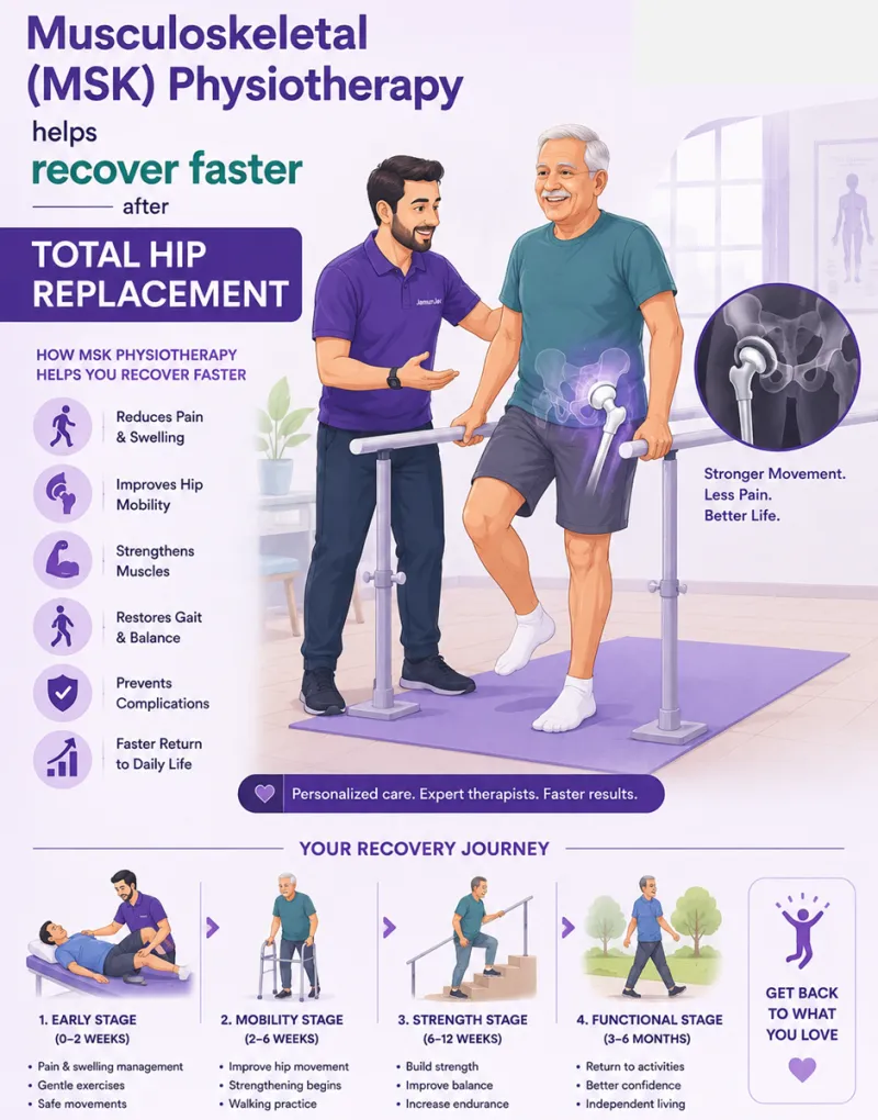 Physiotherapist assisting patient with hip strengthening exercises after total hip replacement surgery