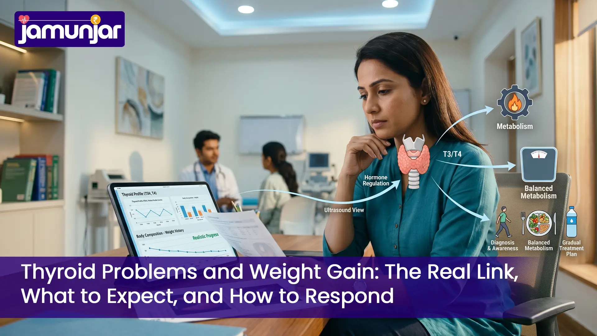 An adult reviewing thyroid health reports with visuals of metabolism, weight change, and hormone balance.